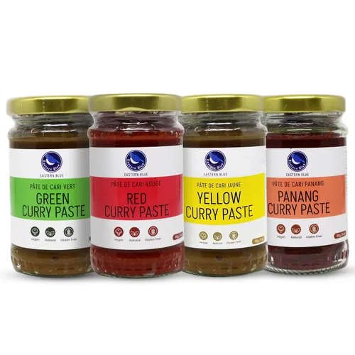 Vista 18 de Pasta de curry verde: variedades de pasta de curry tailandés Eastern Blue, pasta de curry rojo, pasta de curry amarillo y pasta de curry Panang.