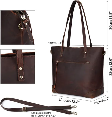 Vista 5 de S-ZONE - Bolso de mano de piel auténtica vintage para portátil, Bolsa de trabajo para mujeres con bolsillo trasero con cremallera