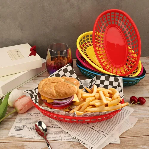 Vista 6 de EUSOAR Bandejas de plástico para servir, 6 cestas de alimentos de 9.4 x 5.9 pulgadas para servir, cestas de pan reutilizables para suministros