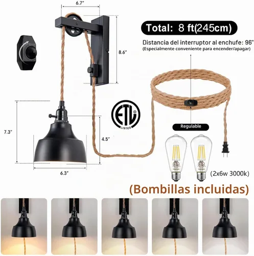 Vista 2 de Apliques de pared regulables enchufables de 8 pies, lámparas de pared con polea, lámpara colgante vintage, apliques de pared con enchufe e