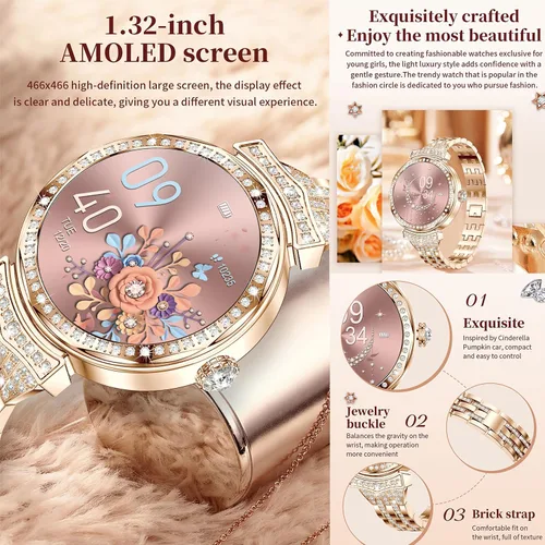 Vista 3 de Reloj inteligente (respuesta/haz llamadas) para mujeres, reloj inteligente AMOLED de 1.32 pulgadas para Android y para iPhone, rastreador