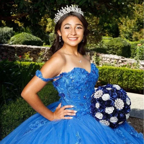 Vista 5 de Uiykhr De las mujeres fuera del hombro vestidos de quinceañera vestido de bola hinchado tul con cuentas vestido de fiesta dulce 15 vestidos