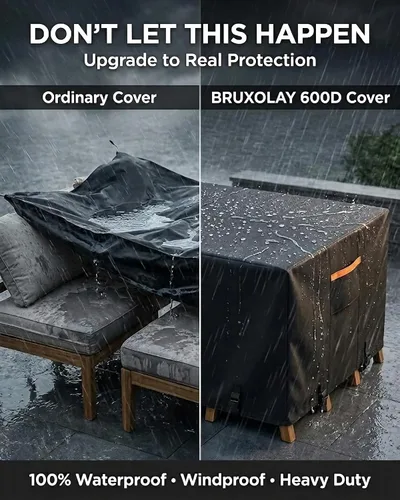 Vista 5 de Cubierta impermeable para muebles de exterior, juego de mesa y silla rectangular de 600D resistente de 64 pulgadas de ancho x 52 pulgadas de largo x