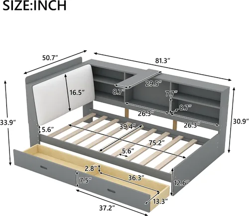 Vista 2 de Cama de plataforma de tamaño individual con cajones de almacenamiento, estantería y cabecera en forma de L, sofá cama de madera de pino con estantes