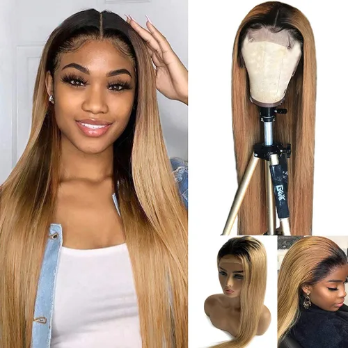 Vista 5 de 24 pulgadas de largo, peluca de encaje frontal, rubio miel, cabello humano real, liso, 150 % de densidad, cabello brasileño virgen, pelucas