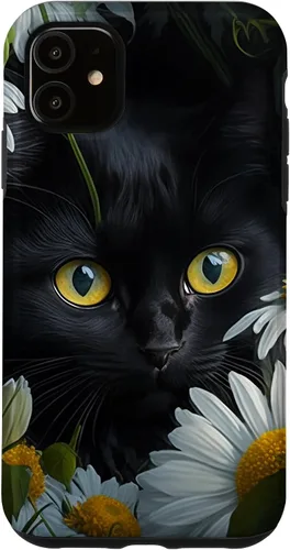 Vista 8 de iPhone 16 Black Cat with Daisies – Enchanting Floral Design Case