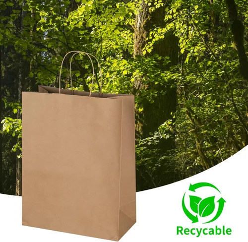 Vista 4 de Oikss - Paquete de 50 bolsas de papel kraft marrón natural con asas, tamaño grande, 10x5x13, para regalos de cumpleaños, compras al por menor