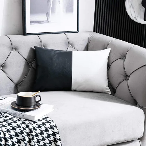 Vista 4 de DEZENE Fundas de Almohada Decorativas de Cuero Sintético y Algodón para Sofá Cama Sofá, Juego de 2 de 12 x 20 pulgadas Modernas Cuadradas Negro