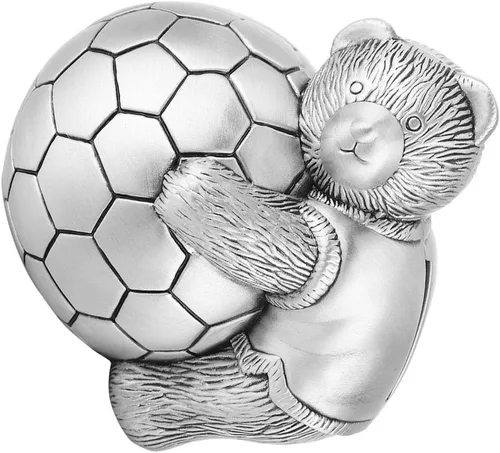 Vista 4 de Hucha de metal con diseño de oso pequeño con caja de dinero de fútbol, hucha de ahorro para decoración del hogar para niños
