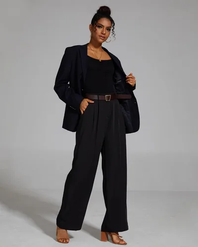 Vista 5 de FUNYYZO Pantalones de pierna ancha para mujer, cintura alta elástica en la espalda, pantalones de trabajo de negocios, pantalones largos y rectos