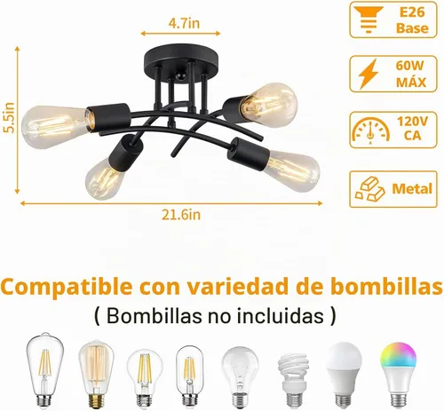 Vista 3 de Lámpara industrial de techo semiempotrada de 4 luces, moderna lámpara negra para cerca del techo, lámpara de araña con base E26, lámpara colgante