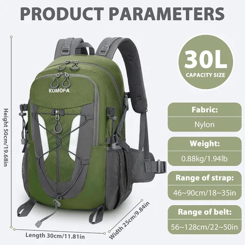 Vista 2 de Mochila de senderismo de 30 L, ligera, mochila de viaje pequeña para hombres y mujeres, para acampar al aire libre, mochilero, verde militar