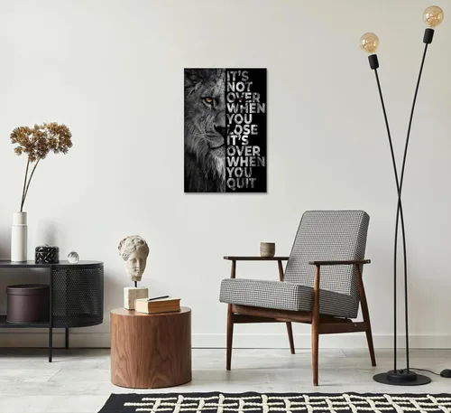 Vista 4 de Lienzo impreso de cabeza de león, arte de pared inspirador, póster de animales en blanco y negro, imagen motivacional con cita motivacional