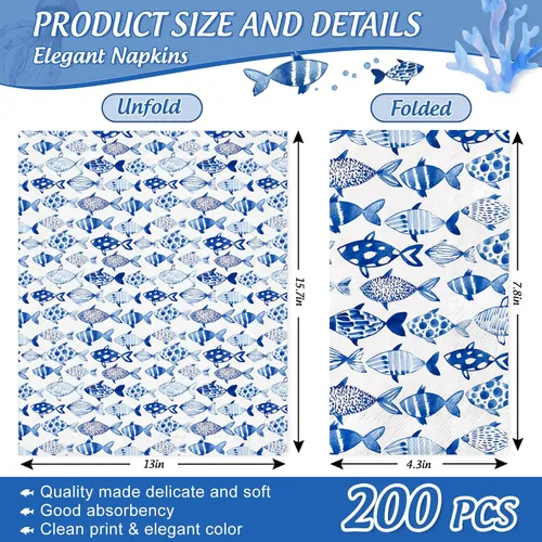 Vista 2 de 80 servilletas de papel desechables de peces oceánicos de acuarela azul, servilletas de papel decorativas para cena, toalla de mano para verano