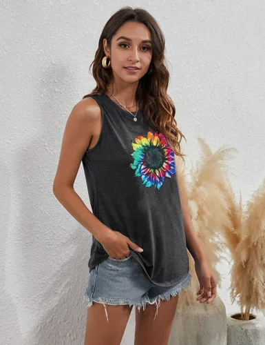 Vista 3 de JINTING - Camisetas sin mangas con estampado de girasoles para mujer de verano, camisetas sin mangas, con estampado y estilo bohemio
