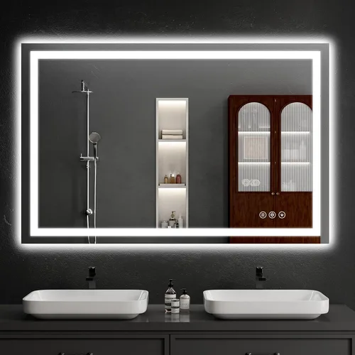 Vista 22 de Espejo de baño LED de 30 x 48 pulgadas con luces, regulable, antivaho, espejo de tocador de baño para pared, retroiluminado + luz frontal, función