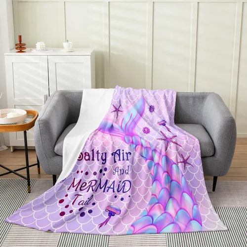 Vista 9 de Erosebridal Manta de cola de sirena para niños, manta de vellón de sirena de 40 x 50 pulgadas para niñas, manta de franela de escamas de peces
