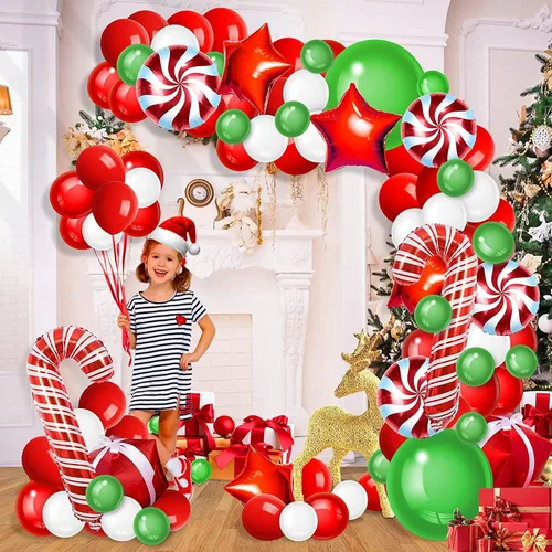 Vista 5 de Kit de arco de guirnalda de globos de Navidad con globos de caramelo verde, rojo y blanco, caja de regalo, globos de estrella roja para decoraciones