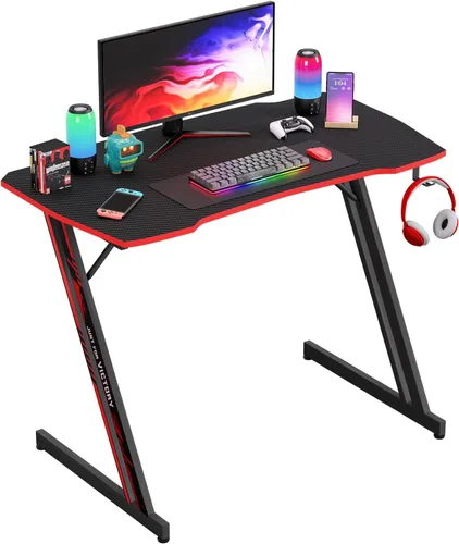 Vista 9 de PayLessHere Mesa de Juegos de 35" Azul Escritorio de Computadora en Forma de Z con Marco de Acero, Gancho para Auriculares, Pies Ajustables