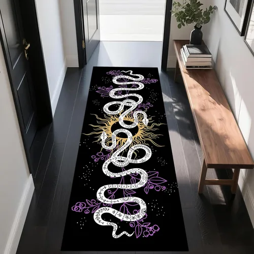 Vista 4 de Alfombra de pasillo de serpiente, 1.3 x 7 pies, diseño gótico, sol, estrellado, morado, floral, blanco y negro, alfombra bohemia, suave, resistente