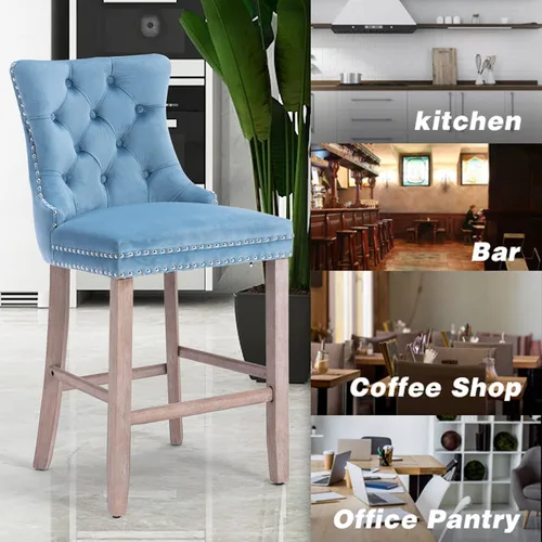 Vista 86 de SoarFlash Juego de 2 taburetes de bar tapizados de terciopelo moderno con patas de madera, botones acolchados, cabeza de clavo cromada, asiento