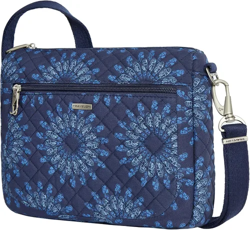 Vista 2 de Travelon Bolso bandolera de clase antirrobo pequeño esteoeste para mujer, Girasol Geo, Bolso bandolera clásico antirrobo pequeño EastWest