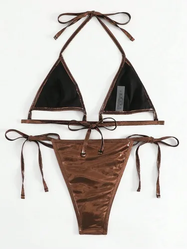 Vista 2 de WDIRARA Traje de baño metálico de 2 piezas para mujer, con micro triángulo, halter con lazo