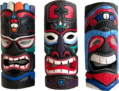 Vista 2 de OMA Juego de tres máscaras africanas hechas a mano de madera para pared, diseño tribal