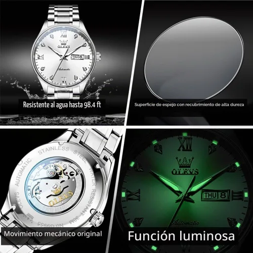 Vista 5 de OLEVS Relojes automáticos para hombre, reloj mecánico plateado de cuerda automática, de lujo, de acero inoxidable, luminoso, resistente al agua