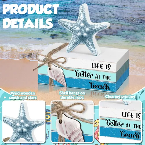 Vista 4 de Spiareal 4 piezas de decoración de mesa de playa de verano, estrellas de mar, conchas de mar, bandeja escalonada, bloque de madera, libro apilado