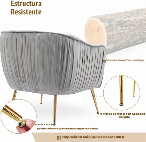 Vista 6 de Silla decorativa de terciopelo, Silla moderna de barril, Sillones de brazo para sala de estar, acabado dorado, gris