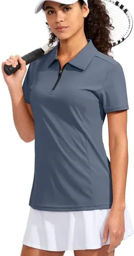 Vista 2 de Viodia Camisa de golf para mujer, manga corta, con cremallera, de secado rápido, elástica, con cuello de tenis, ropa de golf