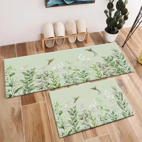 Vista 7 de LB Tapetes de cocina florales azules para cojines de piso, tapete de cocina antifatiga, diseño de flores silvestres sobre beige, juego de 2