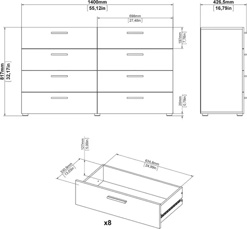 Vista 3 de Tvilum Cómoda doble de 8 cajones, grano de madera negro