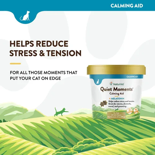 Vista 3 de NaturVet – Quiet Moments Ayuda Calmante para Gatos Plus Melatonina – 60 Masticables Suaves – Ayuda a Reducir el Estrés y Promover la Relajación