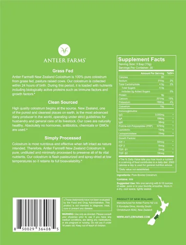 Vista 2 de Antler Farms Calostro 100% puro de Nueva Zelanda, 30 porciones, 1 libra - Alimentado con pasto, criado en pasto, de origen limpio, procesado