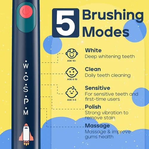 Vista 4 de SEAGO Cepillo de dientes eléctrico para niños, cepillos de dientes recargables de cerdas suaves sónicos con calcomanías de bricolaje, 5 modos, marino