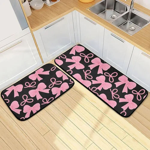Vista 15 de Juego de 2 tapetes de cocina con rosas rojas, color rojo rosa, suave, antifatiga, juego de tapetes de cocina color negro con flores antideslizantes