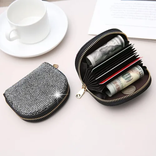Vista 7 de AsAlways RFID Rhinestone titular de la tarjeta de crédito semicírculo multicapa cremallera caso Bling Crystal Slim pequeña cartera para mujeres