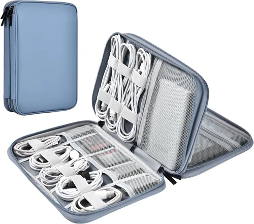 Vista 7 de Organizador de cables de cuero para viaje, impermeable, organizador de cables de viaje, portátil, organizador técnico, estuche de viaje para Verde