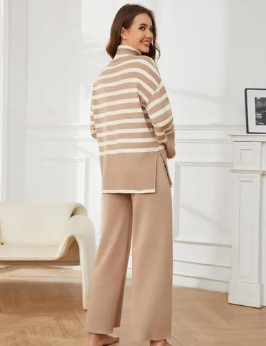 Vista 2 de Tanming Conjuntos de suéter para mujer, manga larga, a rayas, informal, de punto, pantalones de pierna ancha
