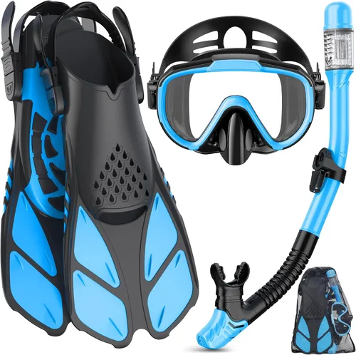 Vista 14 de Ubekezele Equipo de esnórquel para adultos, hombres y mujeres, juego de esnórquel 4 en 1 con máscara de buceo con vista panorámica, antivaho