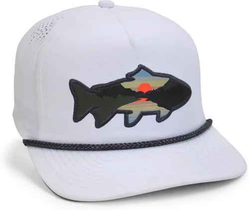 Vista 49 de Paramount Outdoors Sombrero de pesca de trucha al atardecer, diseño de silueta de pez de montaña, sombrero para exteriores con cómodo Snapback