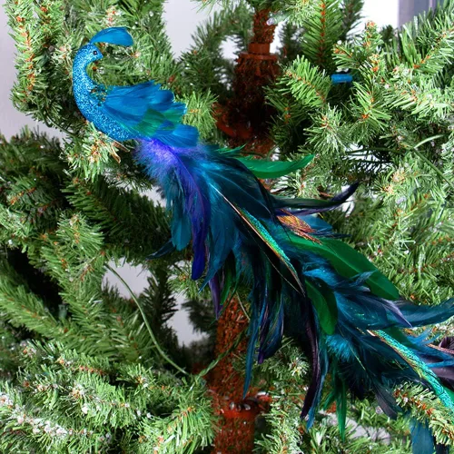 Vista 3 de Pájaros artificiales de pavo real con clip, decoraciones de árbol de Navidad de cola larga con plumas naturales, pájaros de espuma azul para Azul B