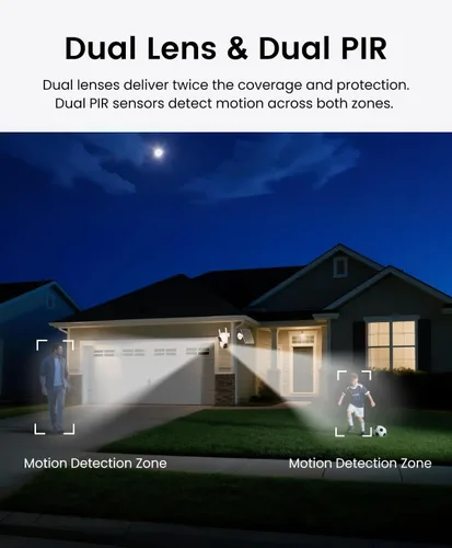 Vista 4 de CasaCam Cámara de seguridad solar Inalámbrico para exteriores, lente dual 2K+2K Funciona con pilas, sensores PIR duales, seguimiento automático