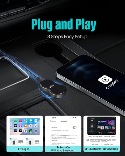 Vista 6 de Adaptador inalámbrico Carplay para Apple iPhone iOS 10+ y autos de 2016+, Plug & Play, control estable de conexión automática y sin latencia