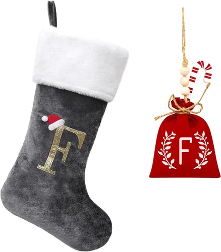 Vista 147 de Calcetines de Navidad bordados de 20 pulgadas con monograma, terciopelo negro con puño de felpa blanca supersuave, adornos clásicos para decoración
