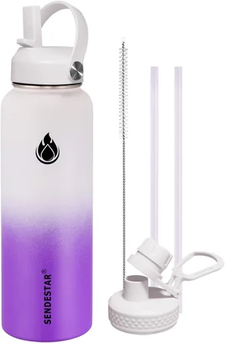 Vista 30 de SENDESTAR Botella de agua aislada de 24 onzas, boca ancha, botella de agua de 24 onzas con tapa con popote, tapa de boquilla, acero inoxidable