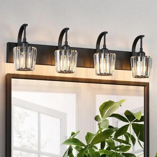 Vista 44 de Luces de tocador de cristal de 3 luces negras para tocador de baño, modernas lámparas de baño de cristal sobre espejo de 23.62 pulgadas de largo