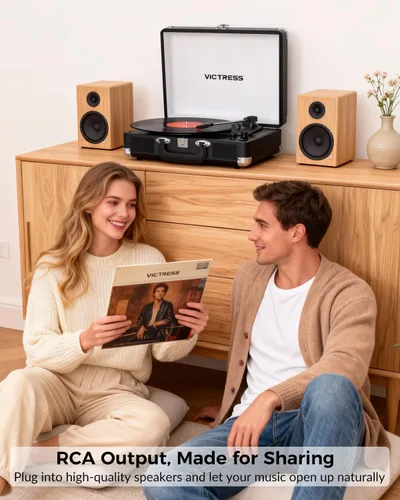 Vista 8 de Tocadiscos de vinilo con entrada y salida Bluetooth, tocadiscos portátil vintage de maleta, tocadiscos LP de 3 velocidades con conversión de vinilo